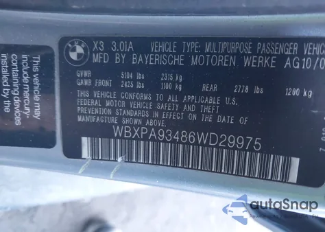 2006 BMW X3 3.0I from USA, damaged, VIN WBXPA93486WD29975